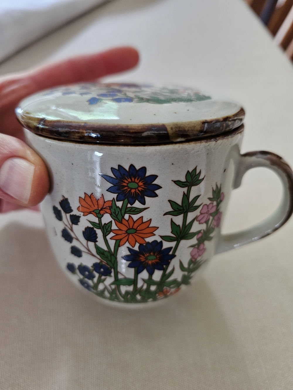 Vintage 1970s Speckled Stoneware Floral Mug with Lid